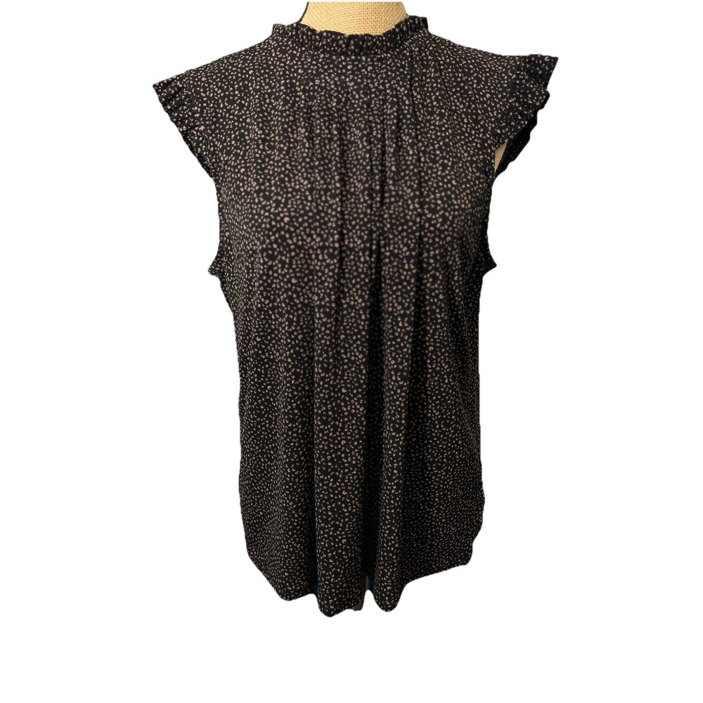 Adrianna Papell Sleeveless Blouse Pleated Mock Neck L Brown Tan Print Top Shirt